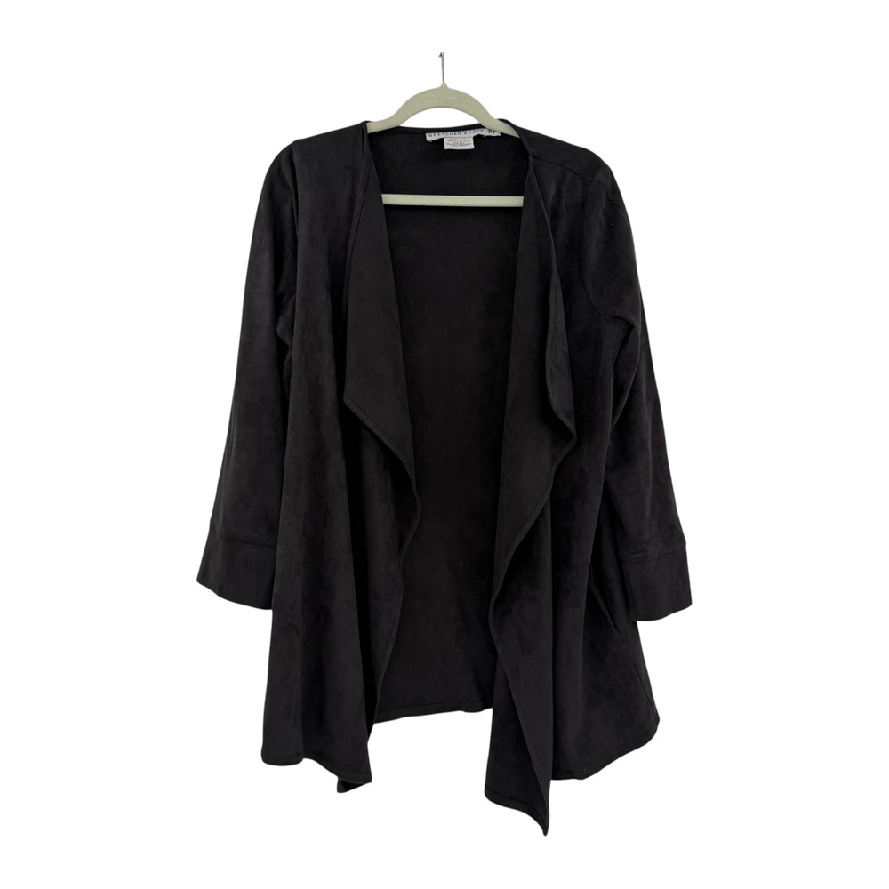 Gretchen Scott Faux Suede Waterfall Cardigan Black Open Front Draped Jacket Sz M